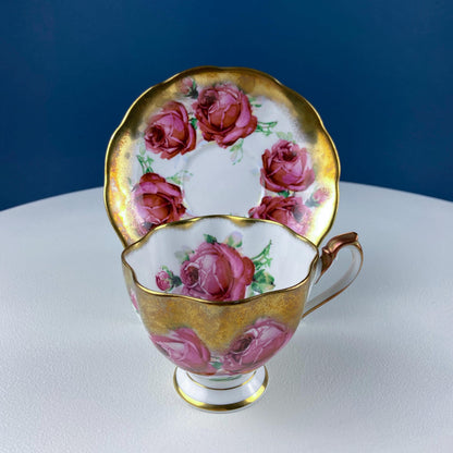 Teacup & Saucer with Large Red Roses and Rich Gold Rim. Queen Anne Fine China. Dining Room Decor. Romantic Gift for Tea Lover, Him or Her. - Tampa Home & Garden Store