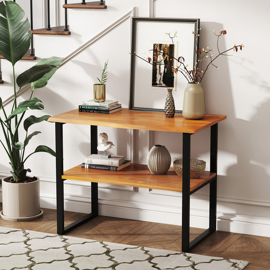 2-Tier Teak Wood End Table Sofa Side for Living Room Hallway Laundry - Tampa Home & Garden Store