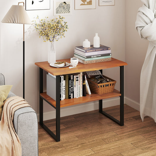 2-Tier Teak Wood End Table Sofa Side for Living Room Hallway Laundry - Tampa Home & Garden Store