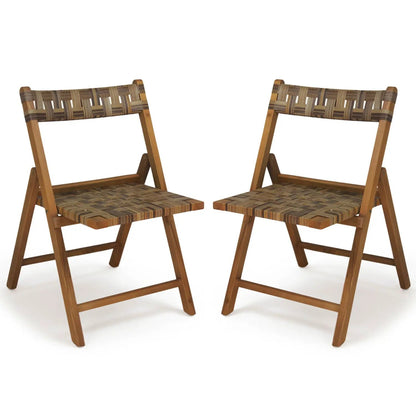 Teak Folding Patio Chairs Set of 2 with Rattan
