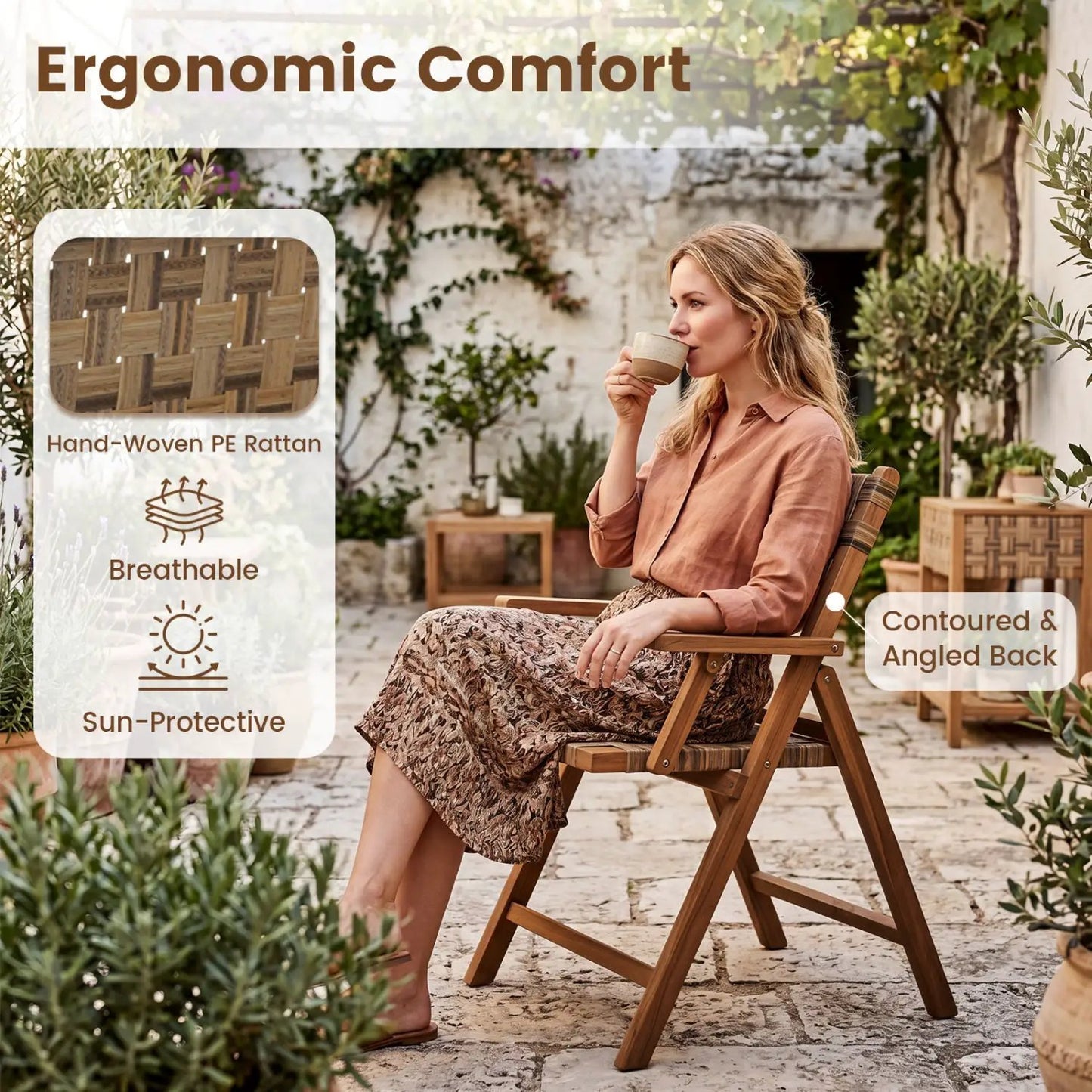 Teak Folding Patio Chairs Set of 2 with Rattan