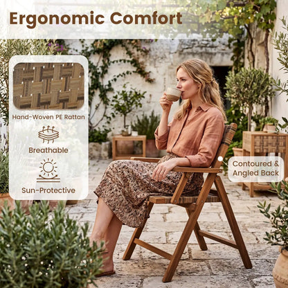 Teak Folding Patio Chairs Set of 2 with Rattan