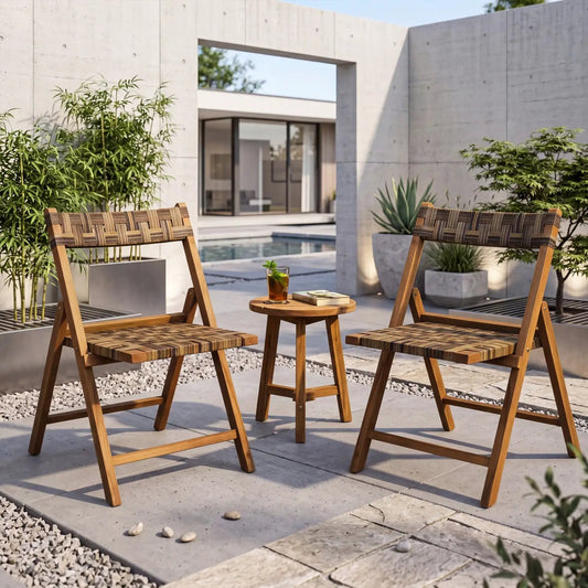 Teak folding patio chairs set of 2 with woven rattan seats and backs, natural wood DirectDeals on Tampa Home & Garden Store
