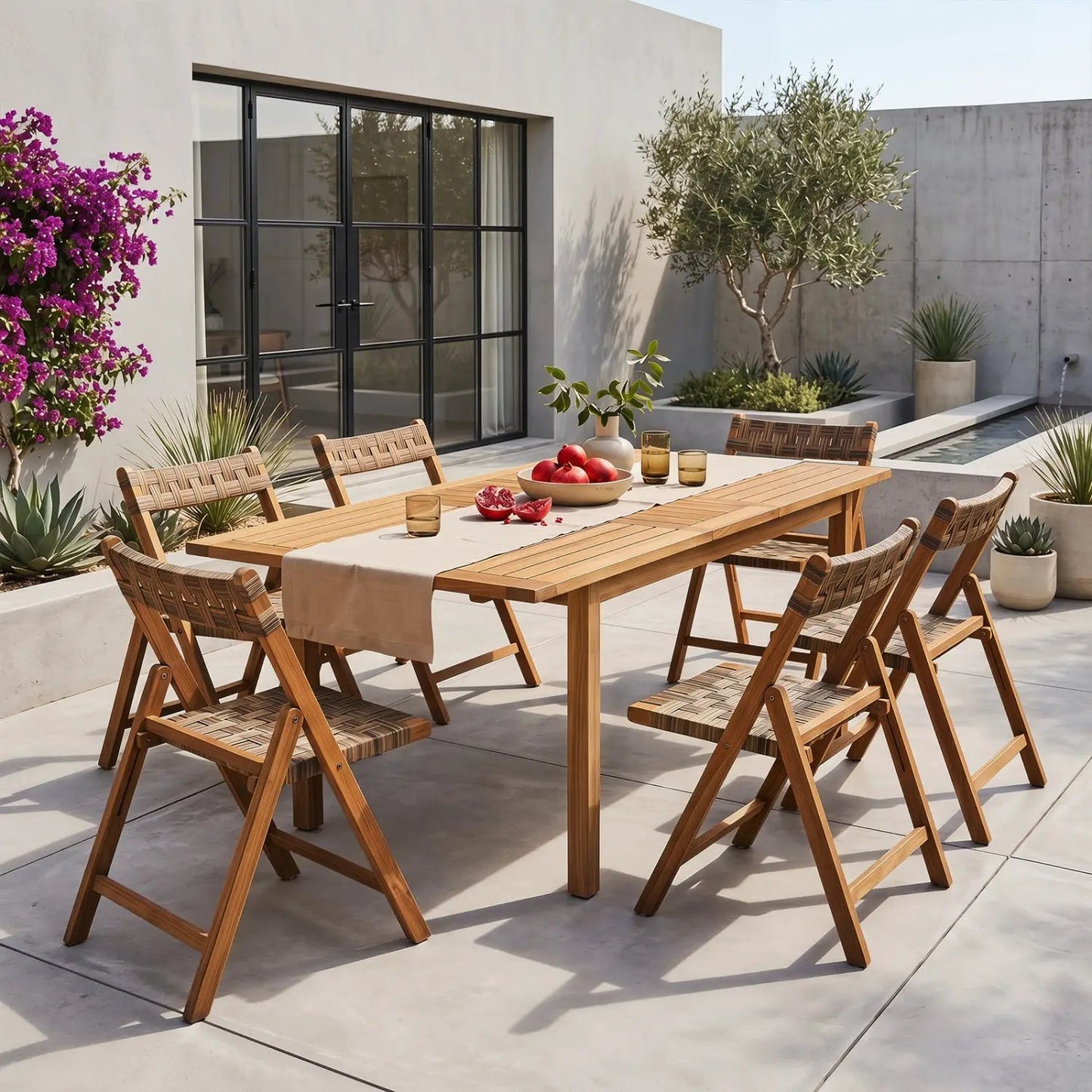 Teak Folding Patio Chairs Set of 2 with Rattan