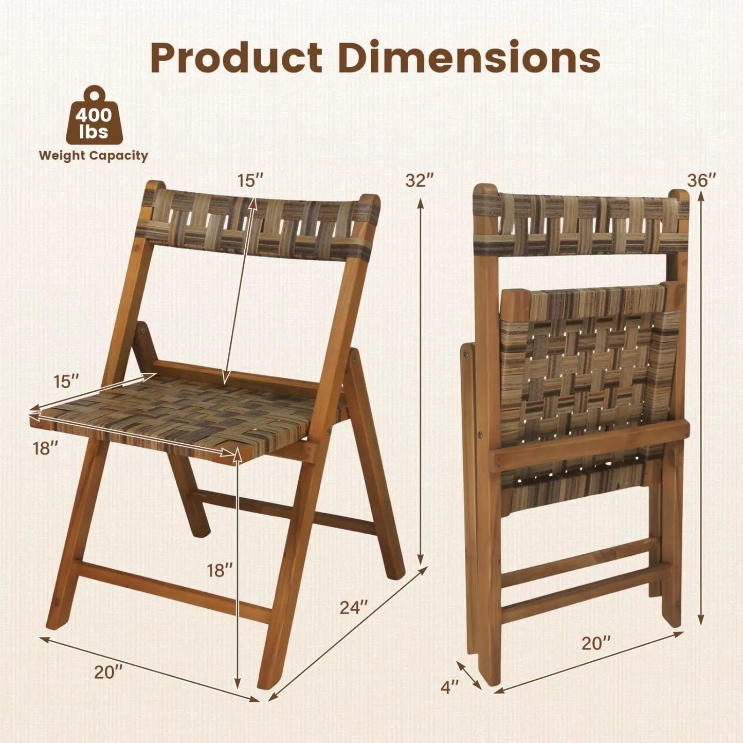 Teak Folding Patio Chairs Set of 2 with Rattan