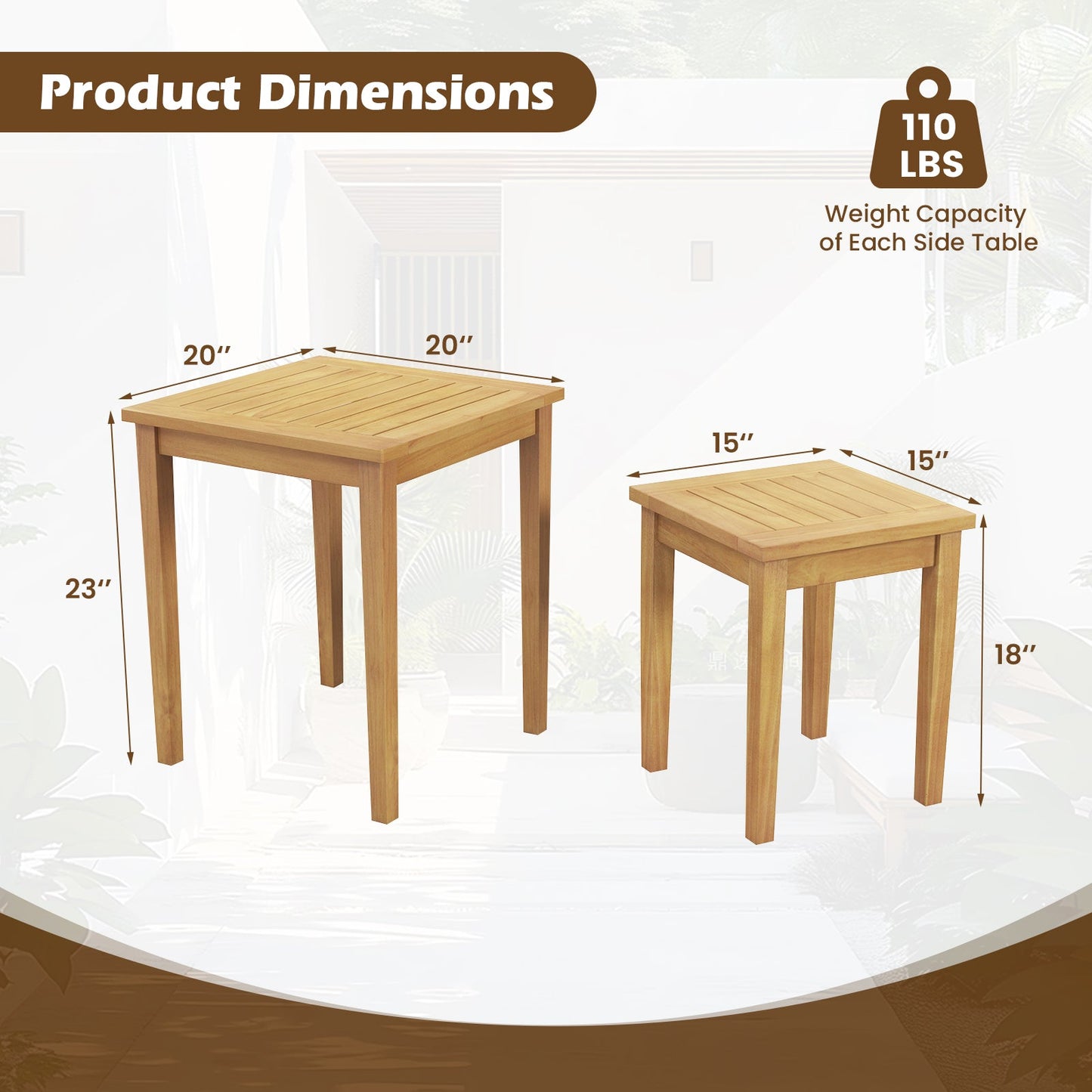 Mesa apilable de teca para patio, diseño que ahorra espacio, 2 piezas