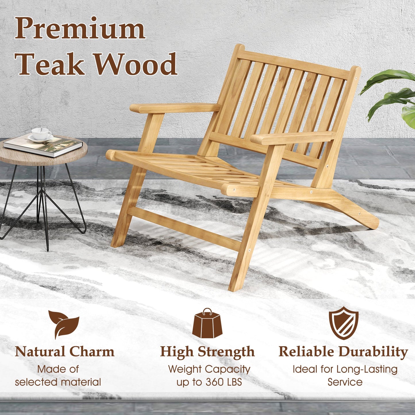 Sillón reclinable de teca para exteriores con cómodo respaldo y reposabrazos