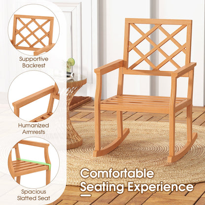 Teak Wood Rocking Chair Oversized Porch Rocker with Backrest and Slatted Seat