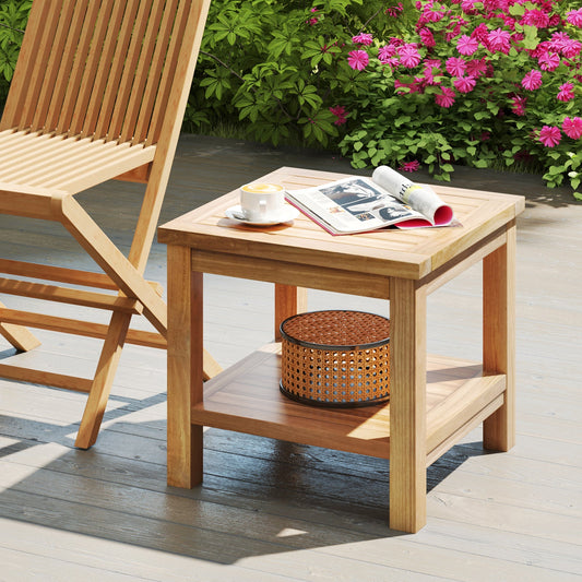 DirectDeals teak wood square side table with open shelf, natural finish; coffee cup on top on Tampa Home & Garden Store