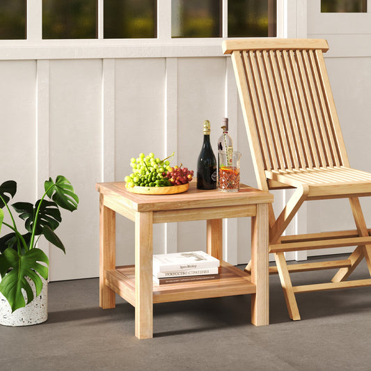 DirectDeals teak wood square end table with open shelf for small spaces, grapes and wine bottle on Tampa Home & Garden Store