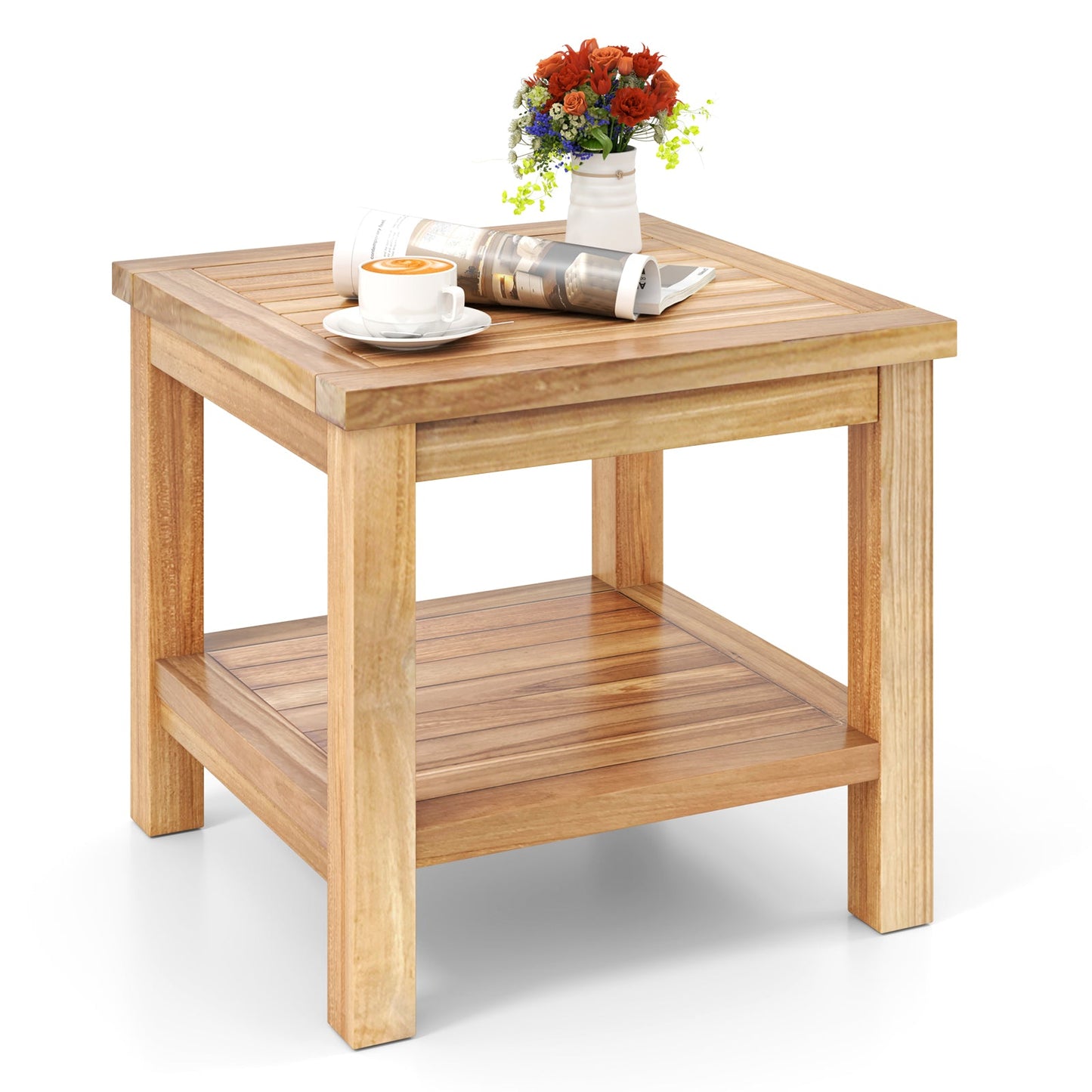 DirectDeals teak wood square end table with open shelf and vase of orange roses on Tampa Home & Garden Store