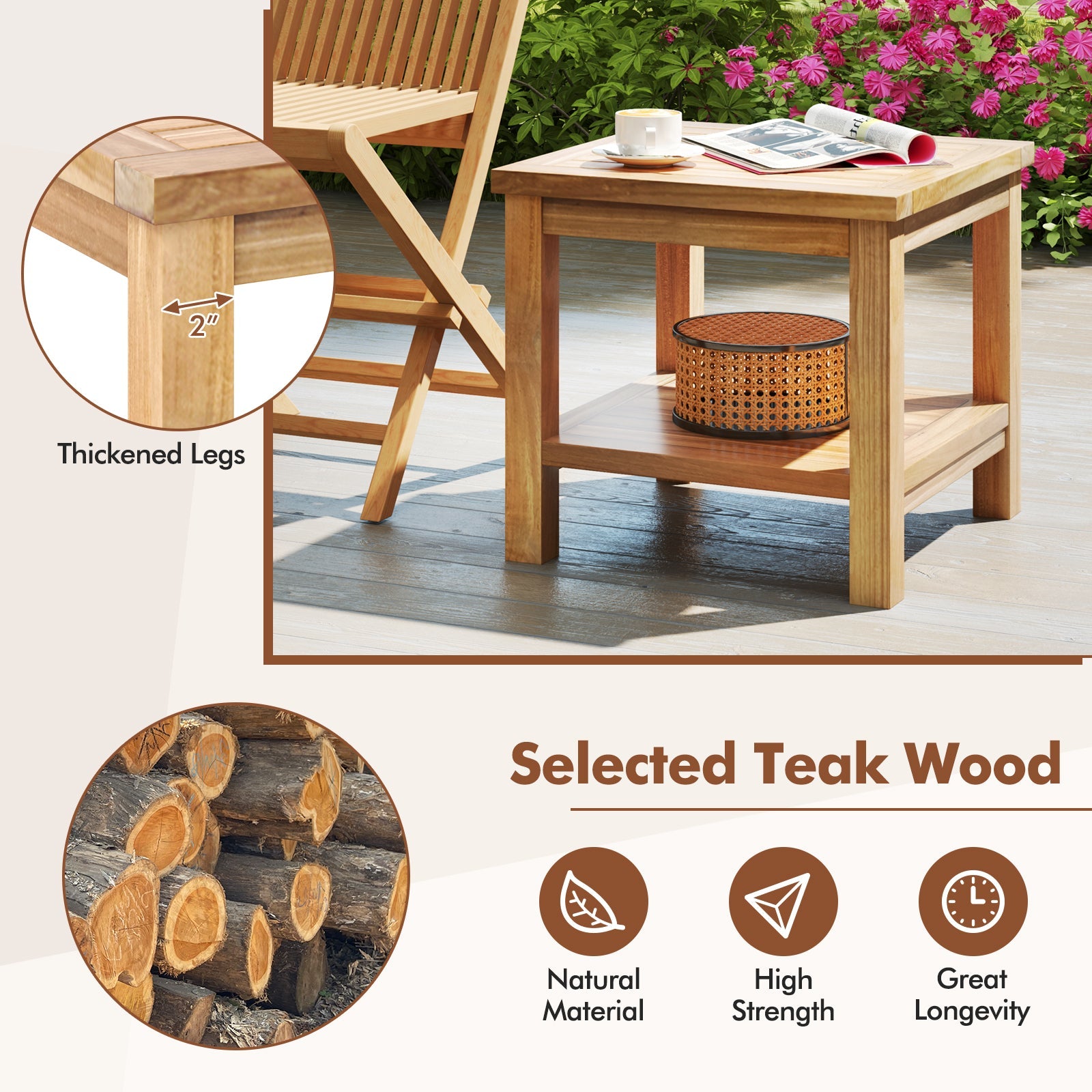 Teak Wood Square Side Table with Open Shelf thick legs natural finish DirectDeals End Table on Tampa Home & Garden Store