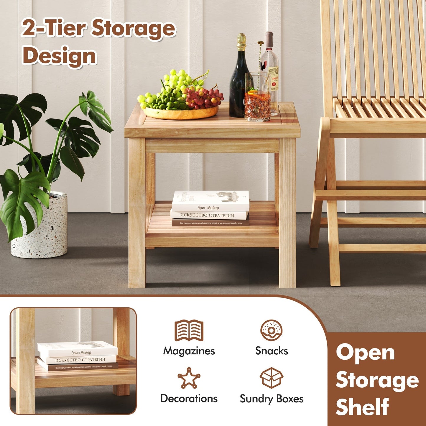 Teak wood square side table with open shelf for small spaces, natural finish by DirectDeals on Tampa Home & Garden Store