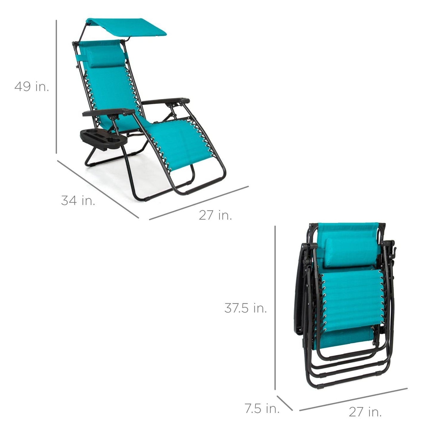 Teal Blue Zero Gravity Folding Reclining Patio Lounge Chair with Canopy - Tampa Home & Garden Store