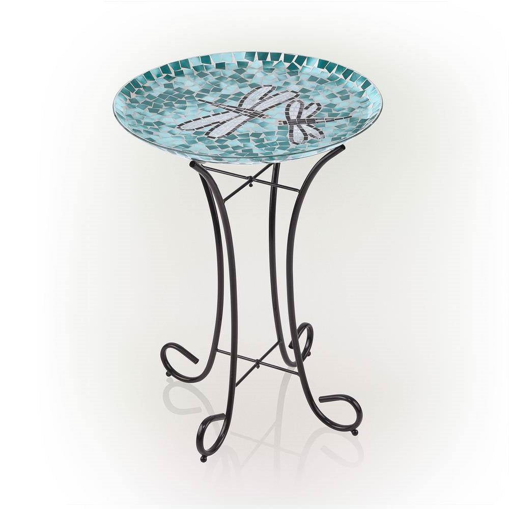 Teal Green Blue White Mosaic Glass Birdbath Bowl with Black Metal Stand - Tampa Home & Garden Store
