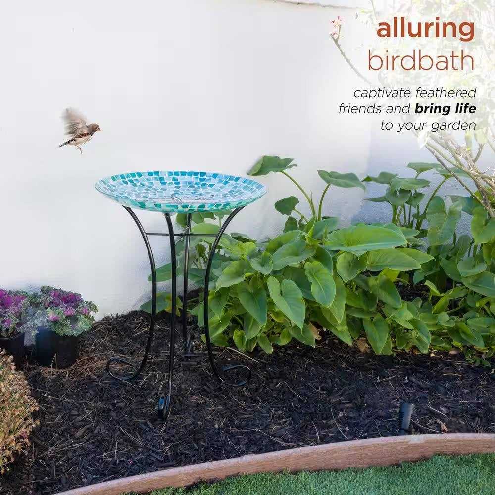 Teal Green Blue White Mosaic Glass Birdbath Bowl with Black Metal Stand - Tampa Home & Garden Store