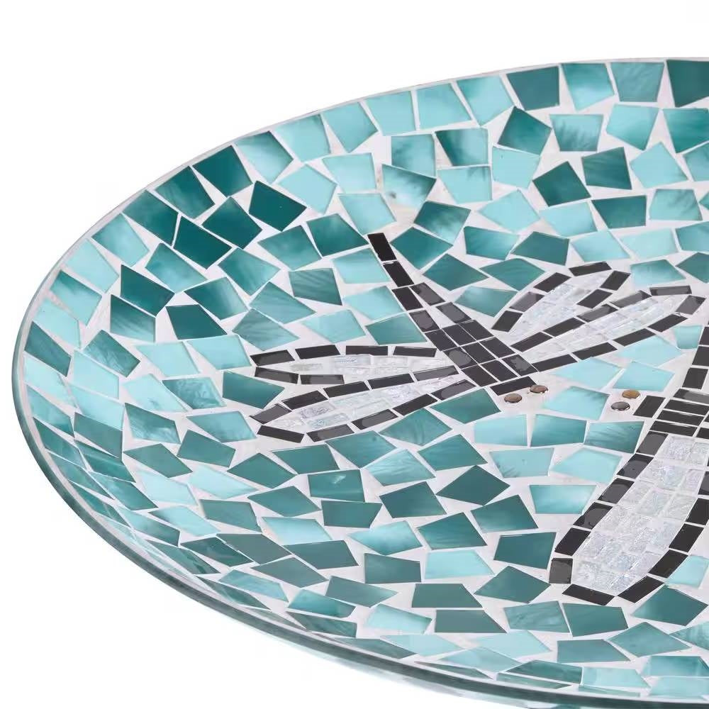 Teal Green Blue White Mosaic Glass Birdbath Bowl with Black Metal Stand - Tampa Home & Garden Store