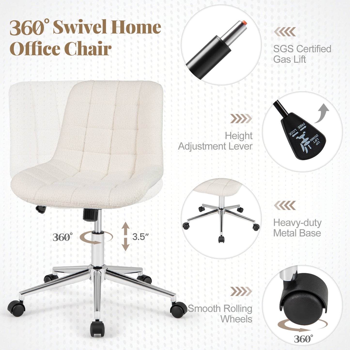 Sillón de oficina sin brazos de forro polar Teddy para tocador de maquillaje - Blanco