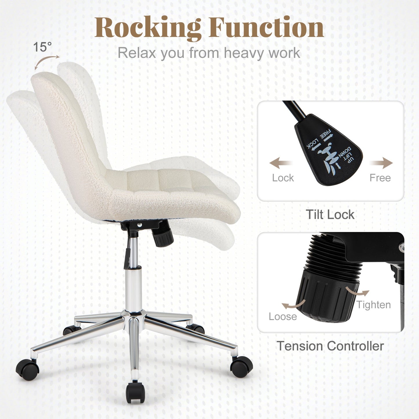 Sillón de oficina sin brazos de forro polar Teddy para tocador de maquillaje - Blanco