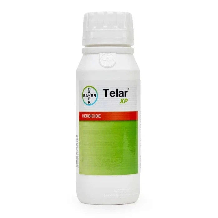 Telar XP liquid herbicide bottle by Bayer, container with green label and red HERBICIDE band on Tampa Home & Garden Store