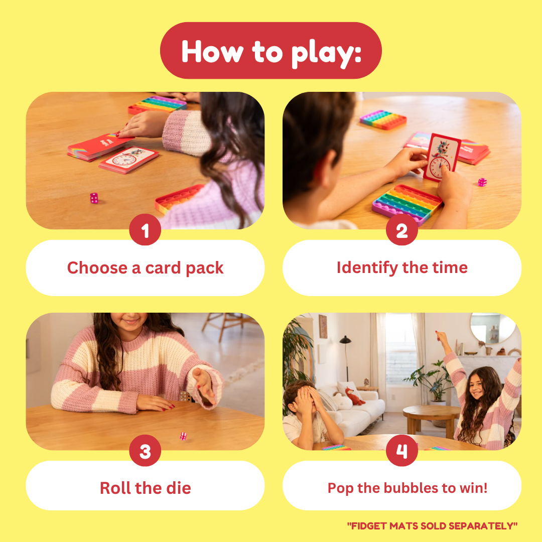 Telling Time Card Pack educational toy by The Fidget Games four-step play with kids, dice on Tampa Home & Garden Store