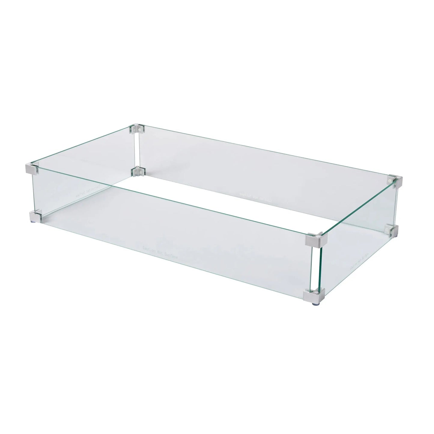 Tempered glass wind guard for rectangle LPG fire pits, clear panels with metal brackets on Tampa Home & Garden Store