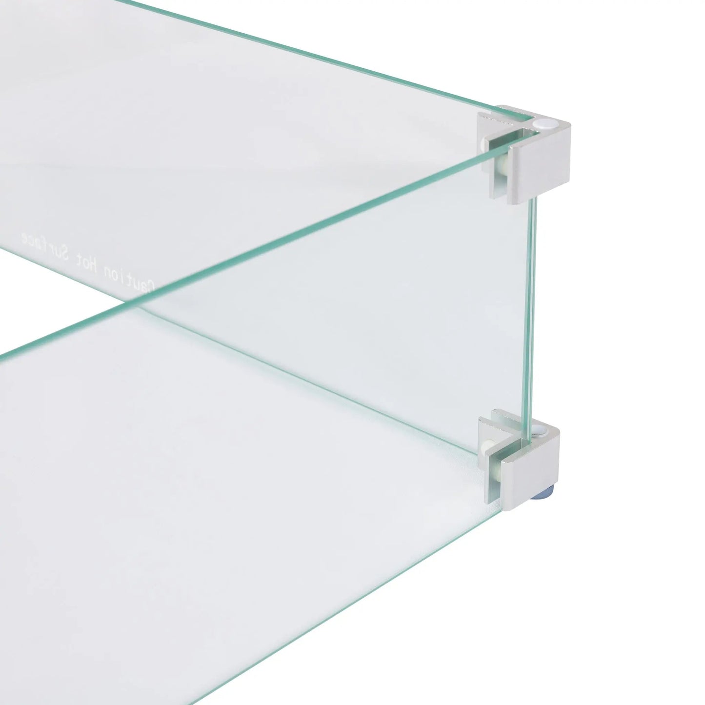 Tempered glass wind guard for rectangle LPG fire pit by Fire Sense with white mounting brackets on Tampa Home & Garden Store