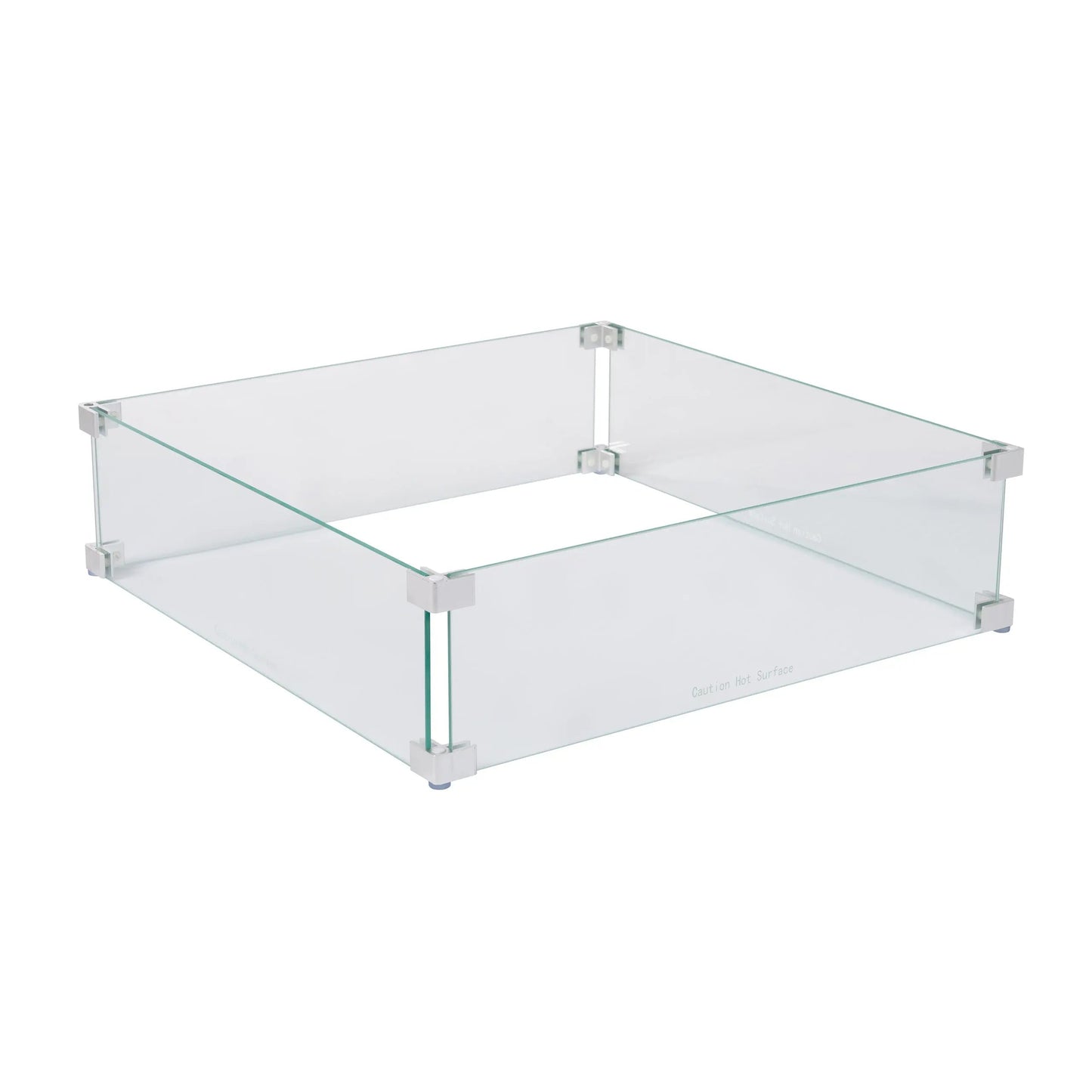 Tempered glass wind guard for square LPG fire pits with clear panels and metal brackets on Tampa Home & Garden Store