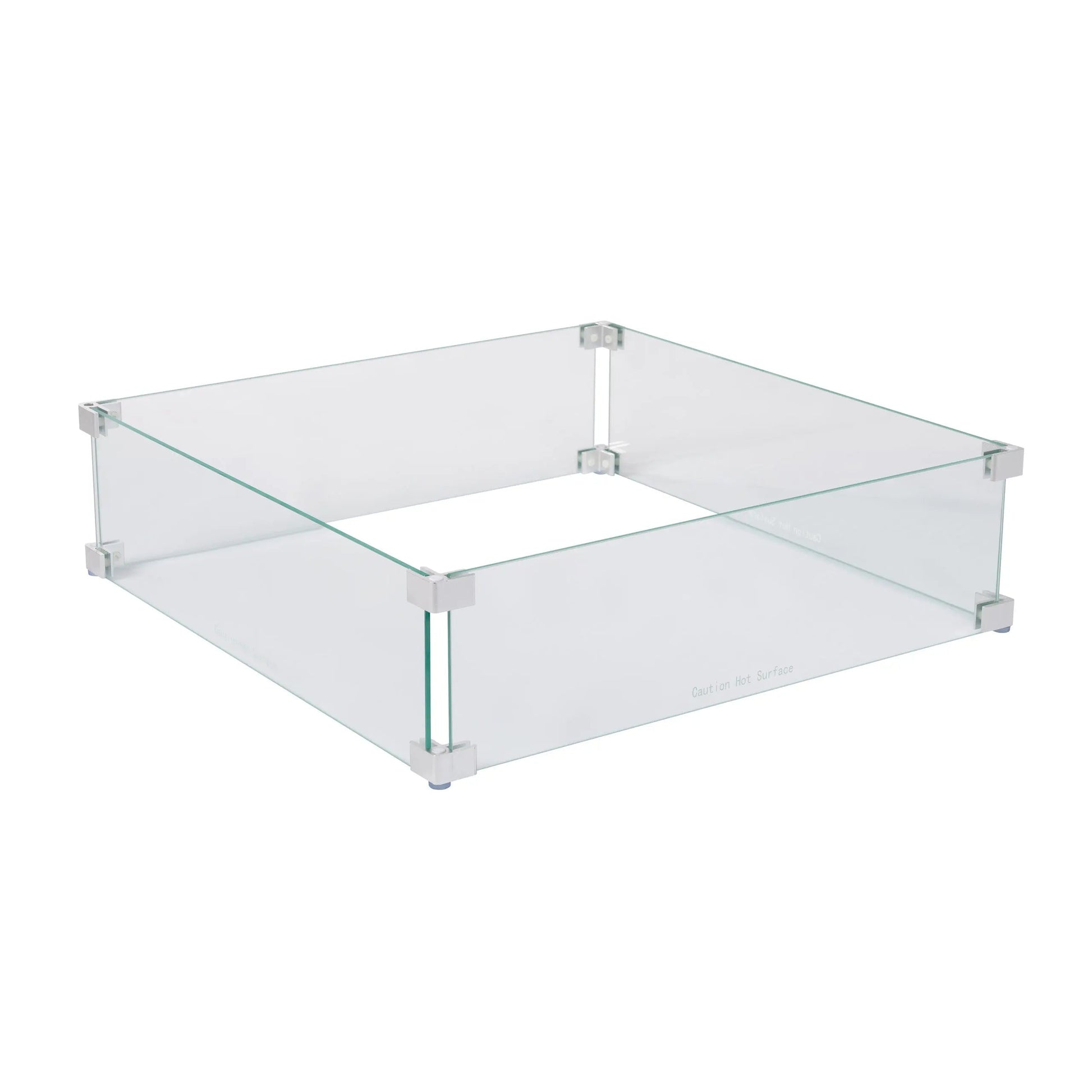 Tempered glass wind guard for square LPG fire pits with clear panels and metal brackets on Tampa Home & Garden Store