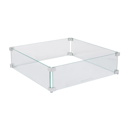 Tempered glass wind guard for square LPG fire pits with clear panels and metal brackets on Tampa Home & Garden Store