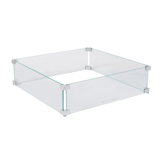 Tempered glass wind guard for square LPG fire pits with clear panels and metal brackets on Tampa Home & Garden Store