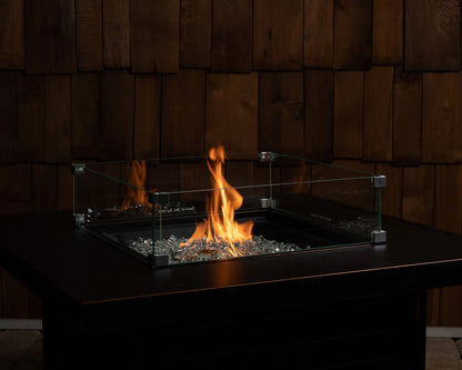 Tempered glass wind guard for square LPG fire pit with clear panels and metal brackets on Tampa Home & Garden Store