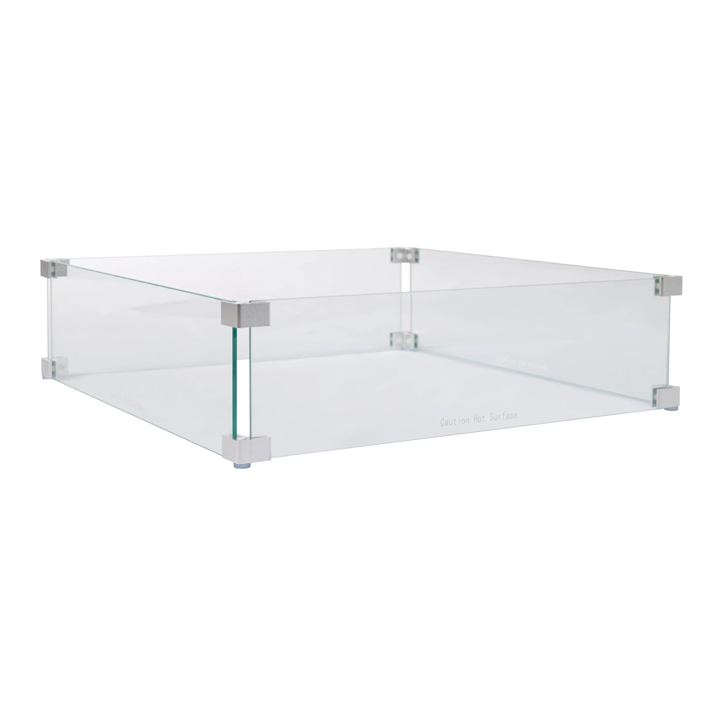 Tempered glass wind guard for square LPG fire pits, clear panels with metal corner brackets on Tampa Home & Garden Store