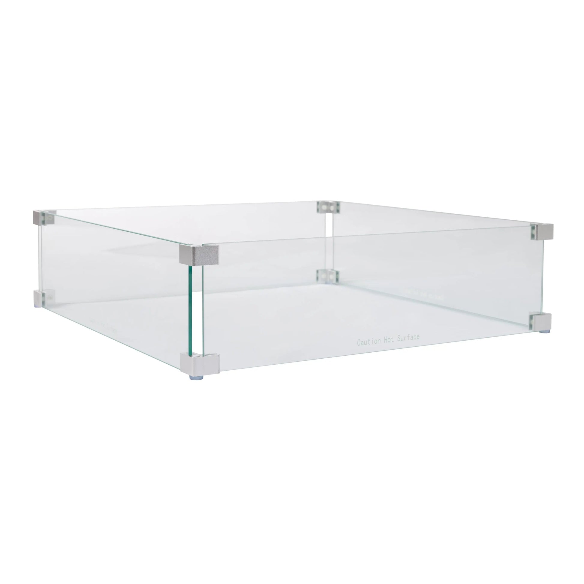 Tempered glass wind guard for square LPG fire pits, clear panels with metal corner brackets on Tampa Home & Garden Store