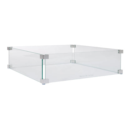Tempered glass wind guard for square LPG fire pits, clear panels with metal corner brackets on Tampa Home & Garden Store