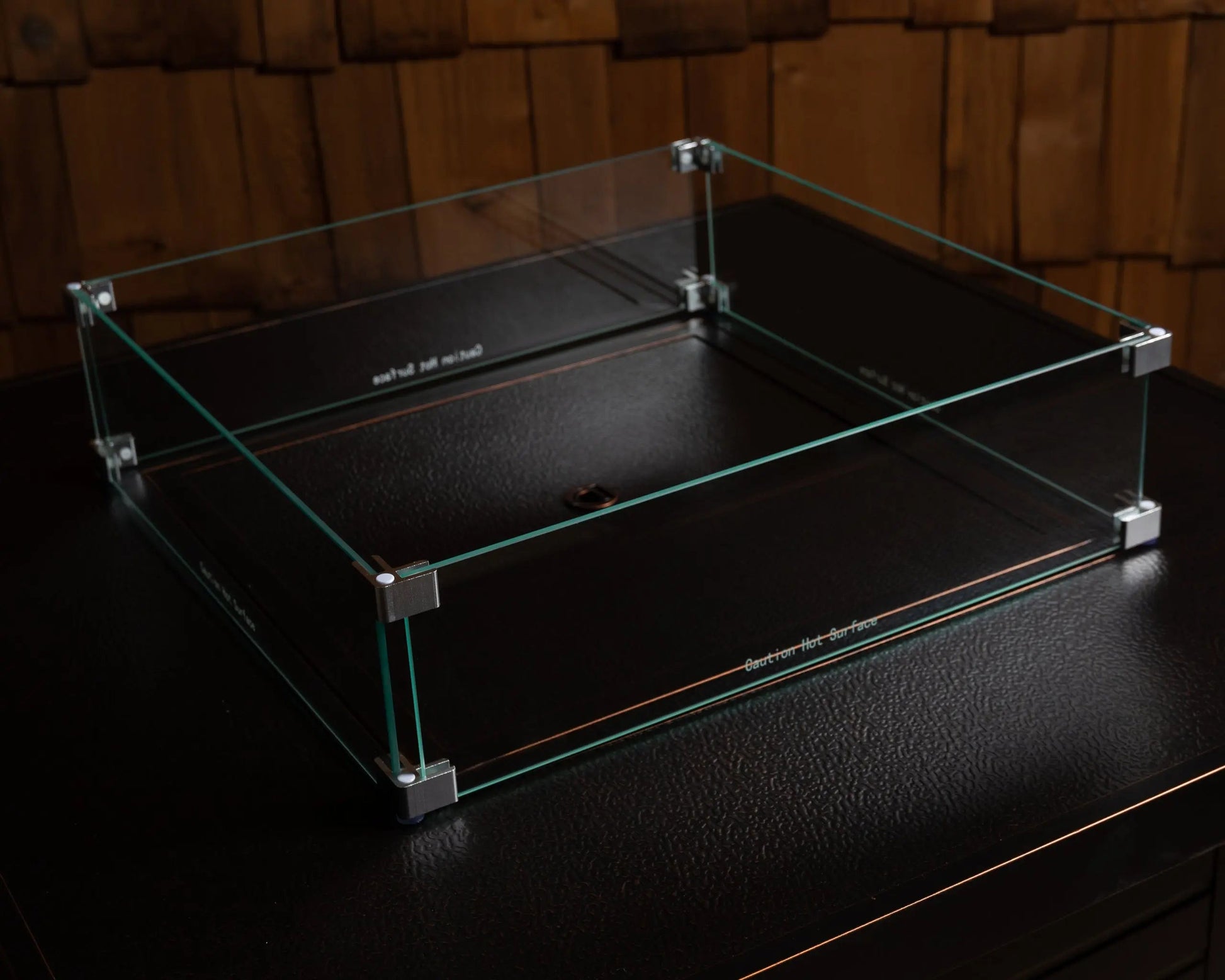 Tempered Glass Wind Guard for Square LPG Fire Pits with metal corner brackets on Tampa Home & Garden Store