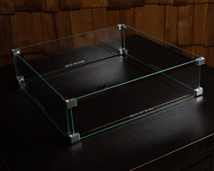 Tempered Glass Wind Guard for Square LPG Fire Pits with metal corner brackets on Tampa Home & Garden Store