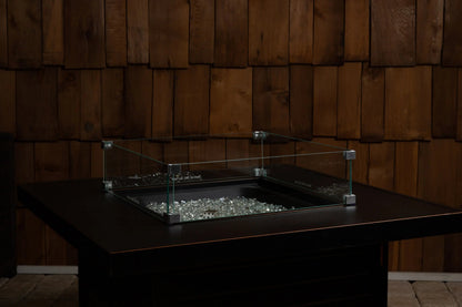 Tempered glass wind guard for square LPG fire pit with metal corner posts on Tampa Home & Garden Store