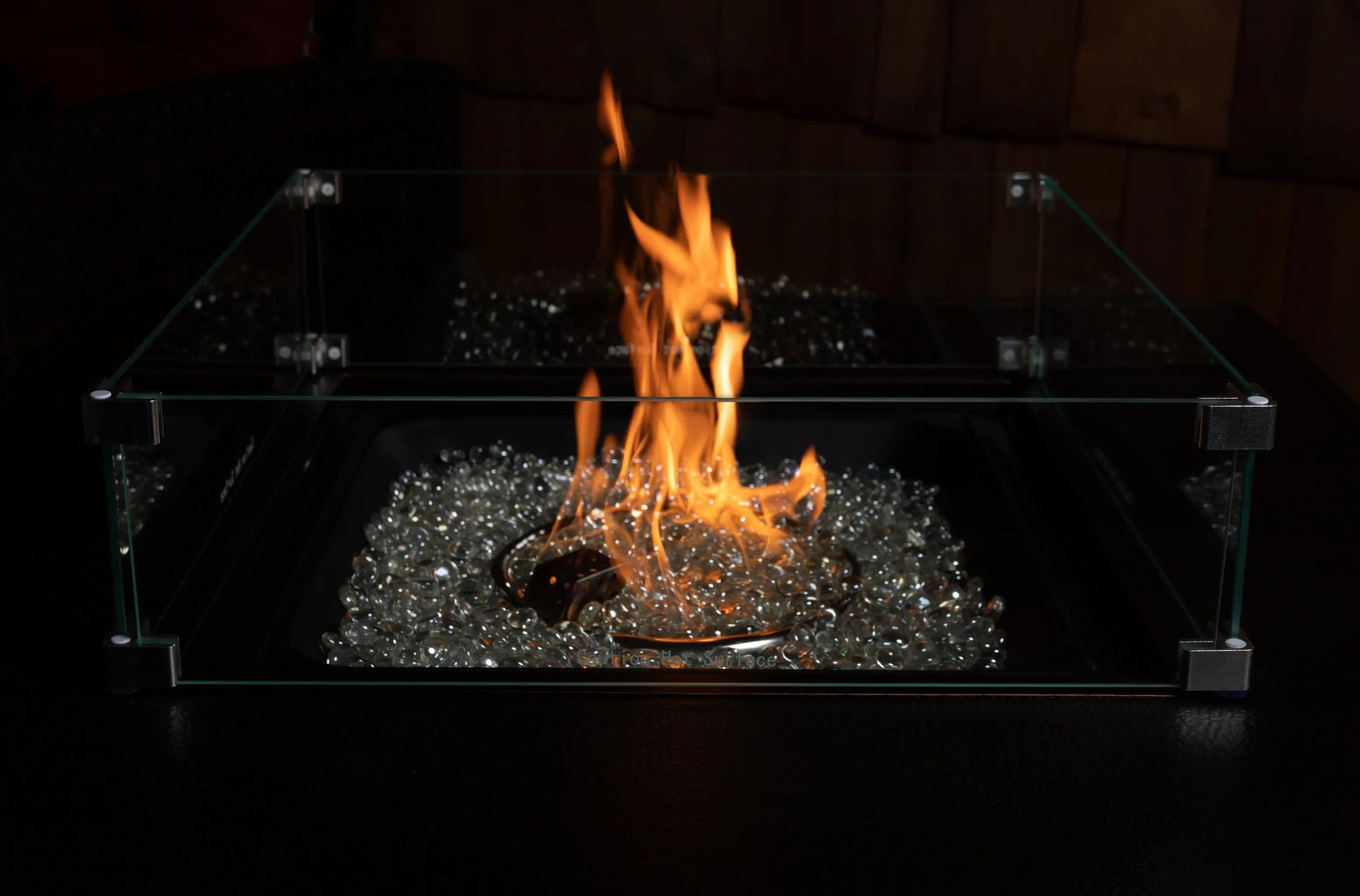 Tempered glass wind guard for square LPG fire pit with clear panels and metal corners on Tampa Home & Garden Store