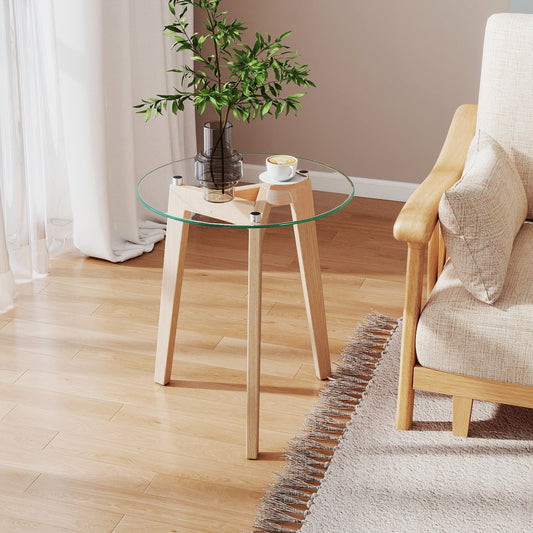 Tempered Glass End Table Round with Solid Rubber Wood Structure - Tampa Home & Garden Store