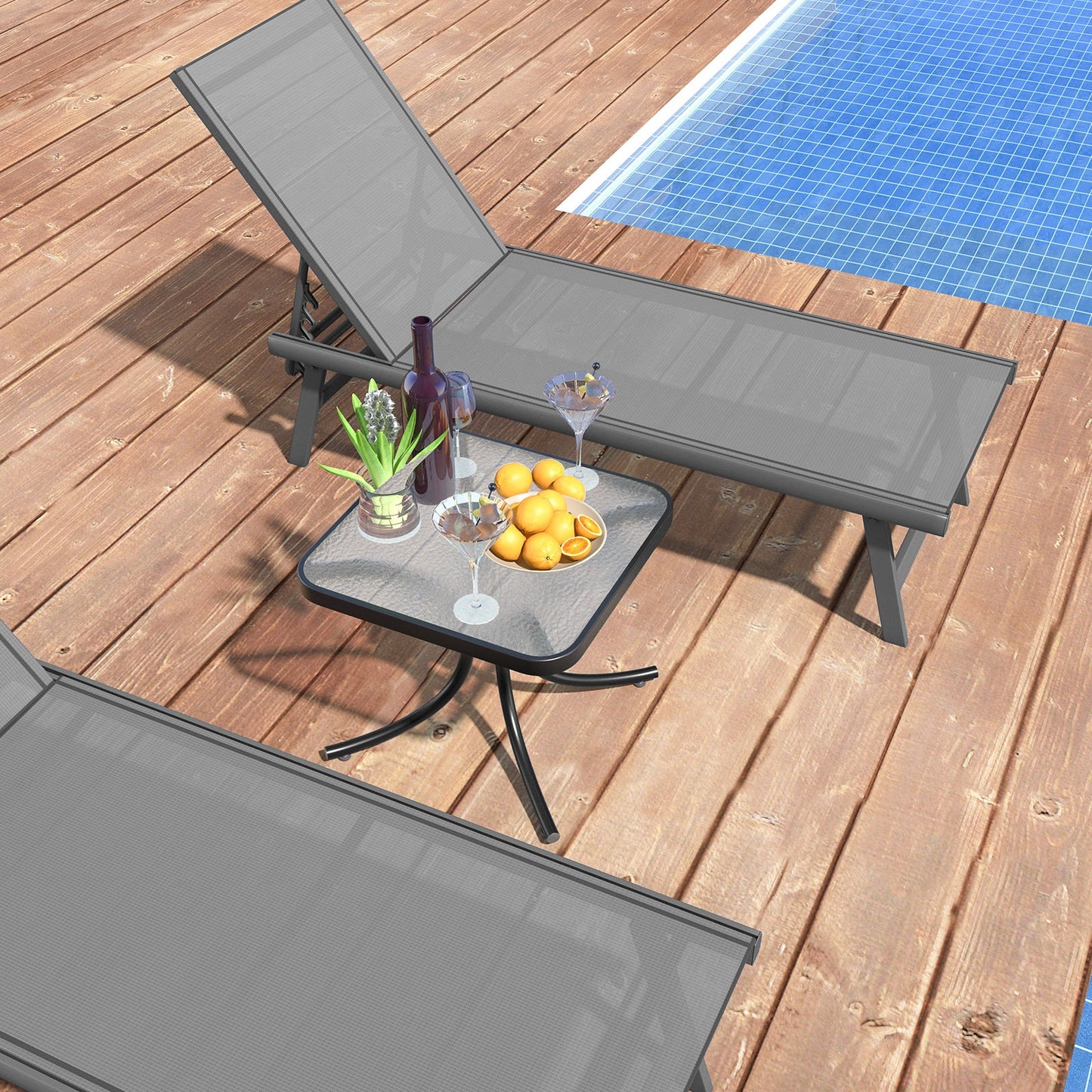 Mesa de patio con tapa de vidrio templado y estructura de metal de alta resistencia para jardín o piscina - Negra