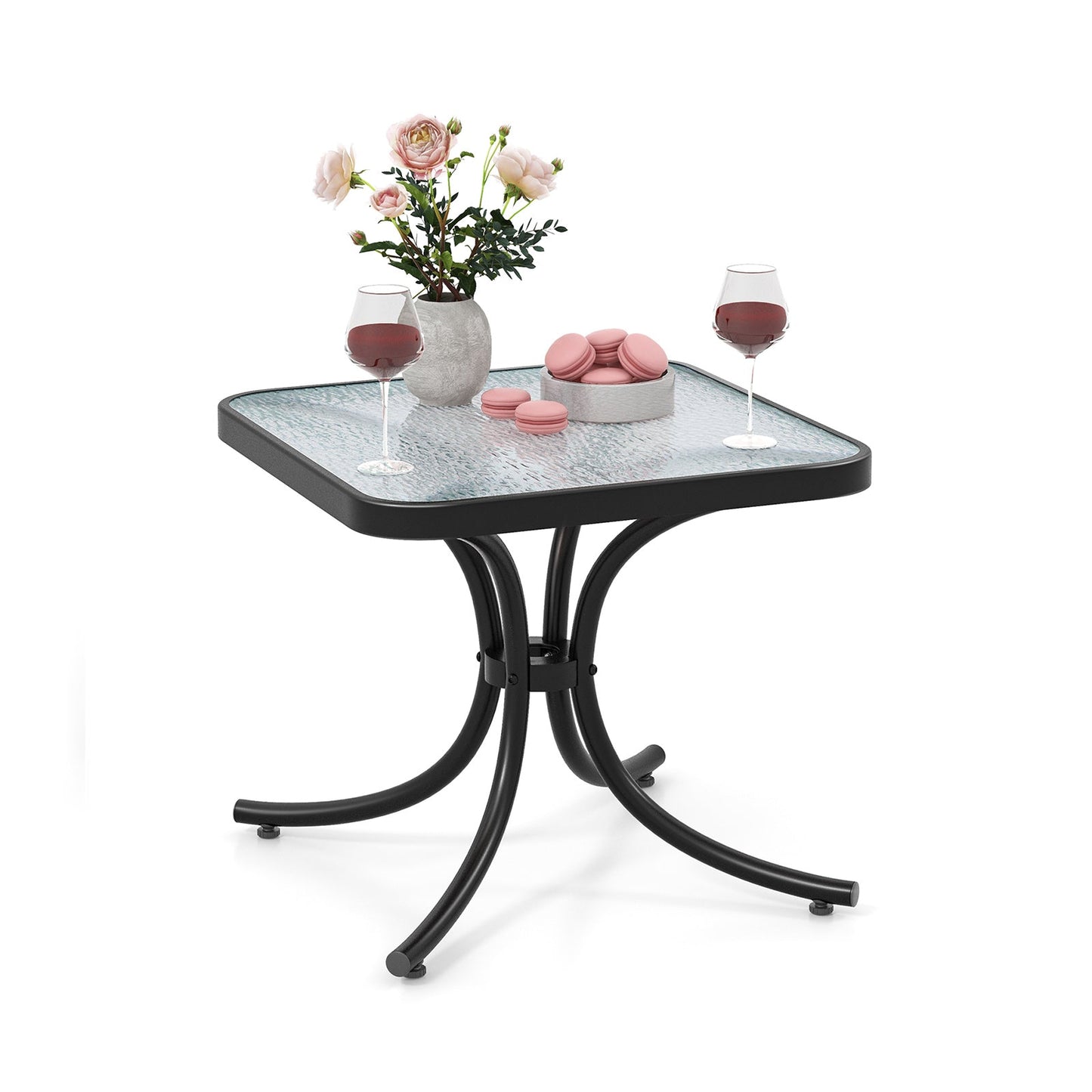 Mesa de patio con tapa de vidrio templado y estructura de metal de alta resistencia para jardín o piscina - Negra