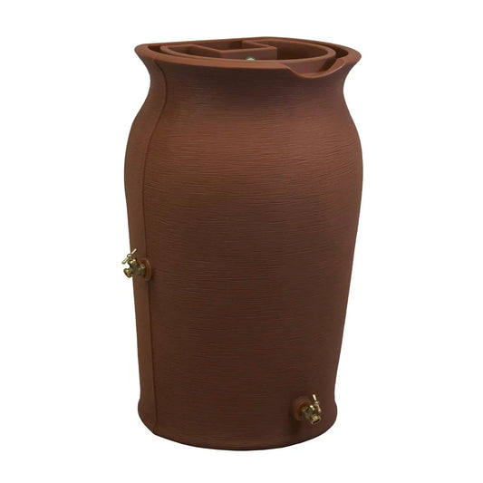 Terracotta 50-Gallon Urn Rain Barrel with planter top and brass taps for outdoor gardening on Tampa Home & Garden Store