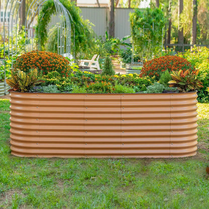 Vego Garden 32 inch 4x8 raised bed with orange mums and lush greens in tan corrugated planter on Tampa Home & Garden Store