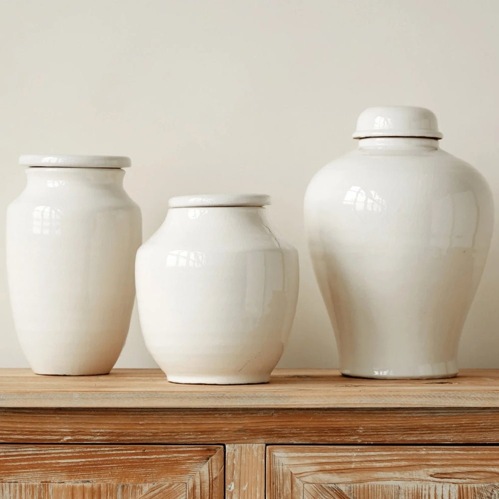 Terracotta Cachepot Jar in White Glaze, Short - Tampa Home & Garden Store