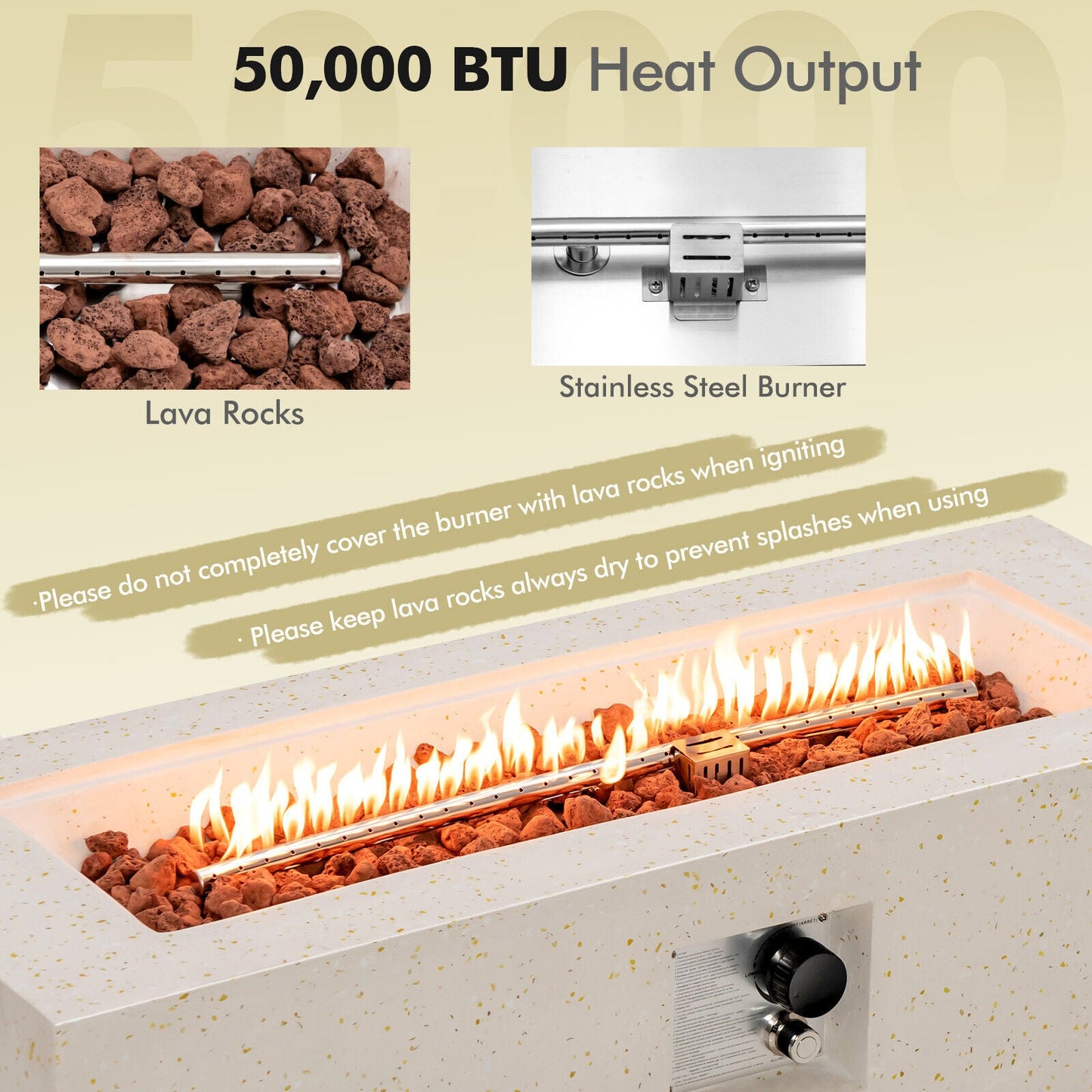 42 Inch 50 000 BTU Rectangle Terrazzo Fire Pit Table with PVC Cover-White