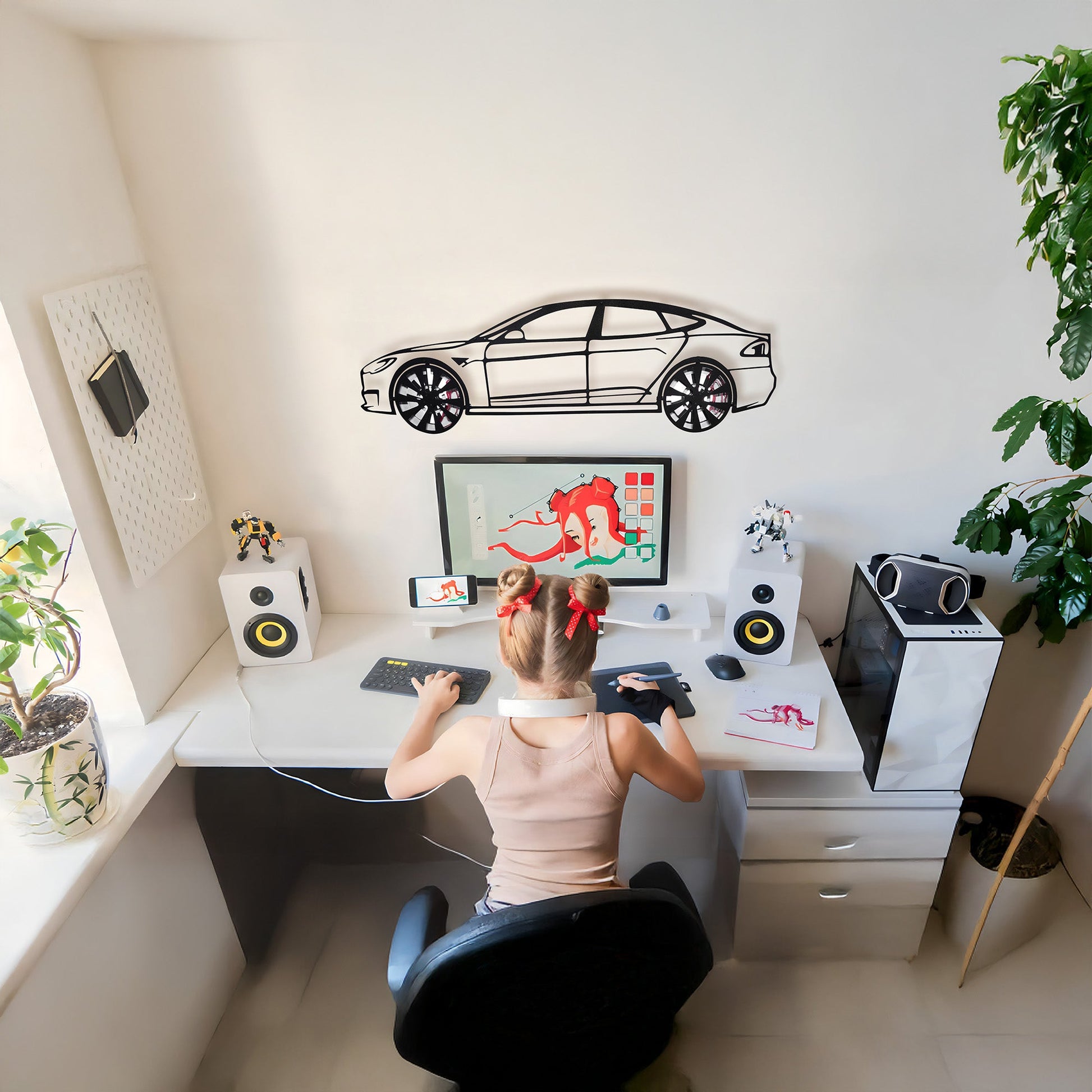 Tesla Model S Wall Art – Electric Car Steel Silhouette with Spinning Wheels-KAFMEKA045 - Tampa Home & Garden Store