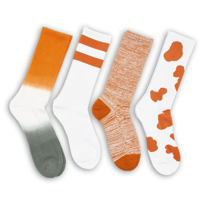 CiderOrange casual crew socks 4-pack by DeadSoxy in orange tones with stripes and prints on Tampa Home & Garden Store