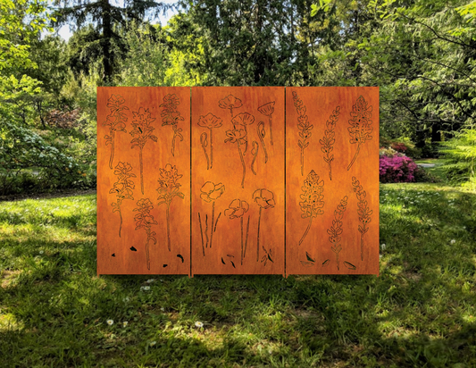 Outdoor privacy panel trio in orange-brown panels with botanical motifs Rustica Ornamentals on Tampa Home & Garden Store