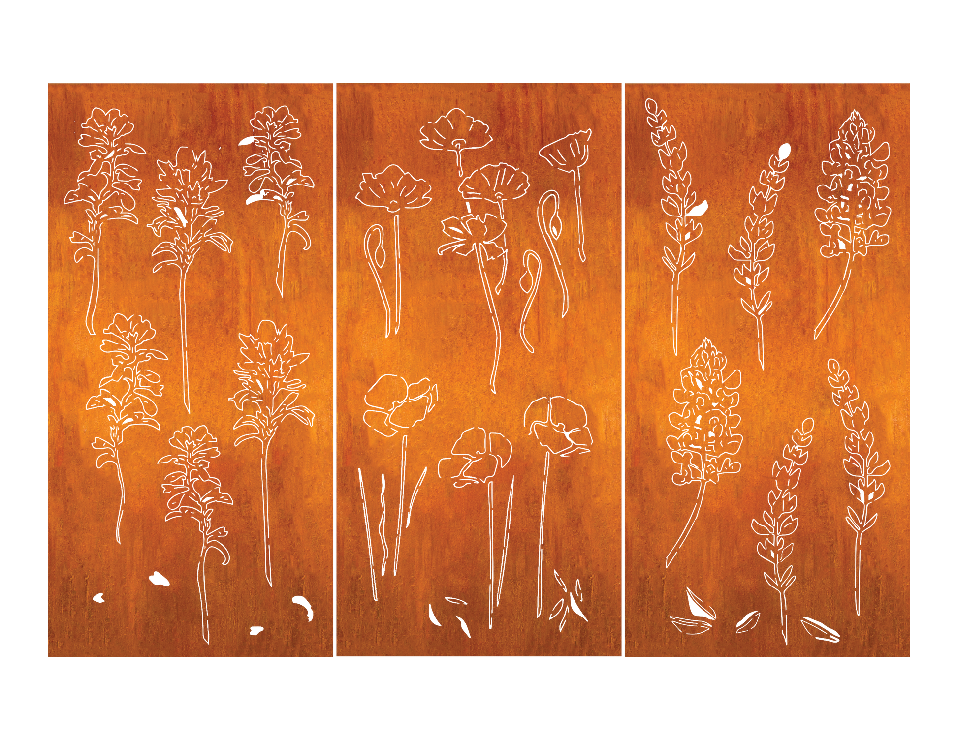 Outdoor privacy panel metal wall sculpture rust finish floral silhouettes Rustica Ornamentals on Tampa Home & Garden Store